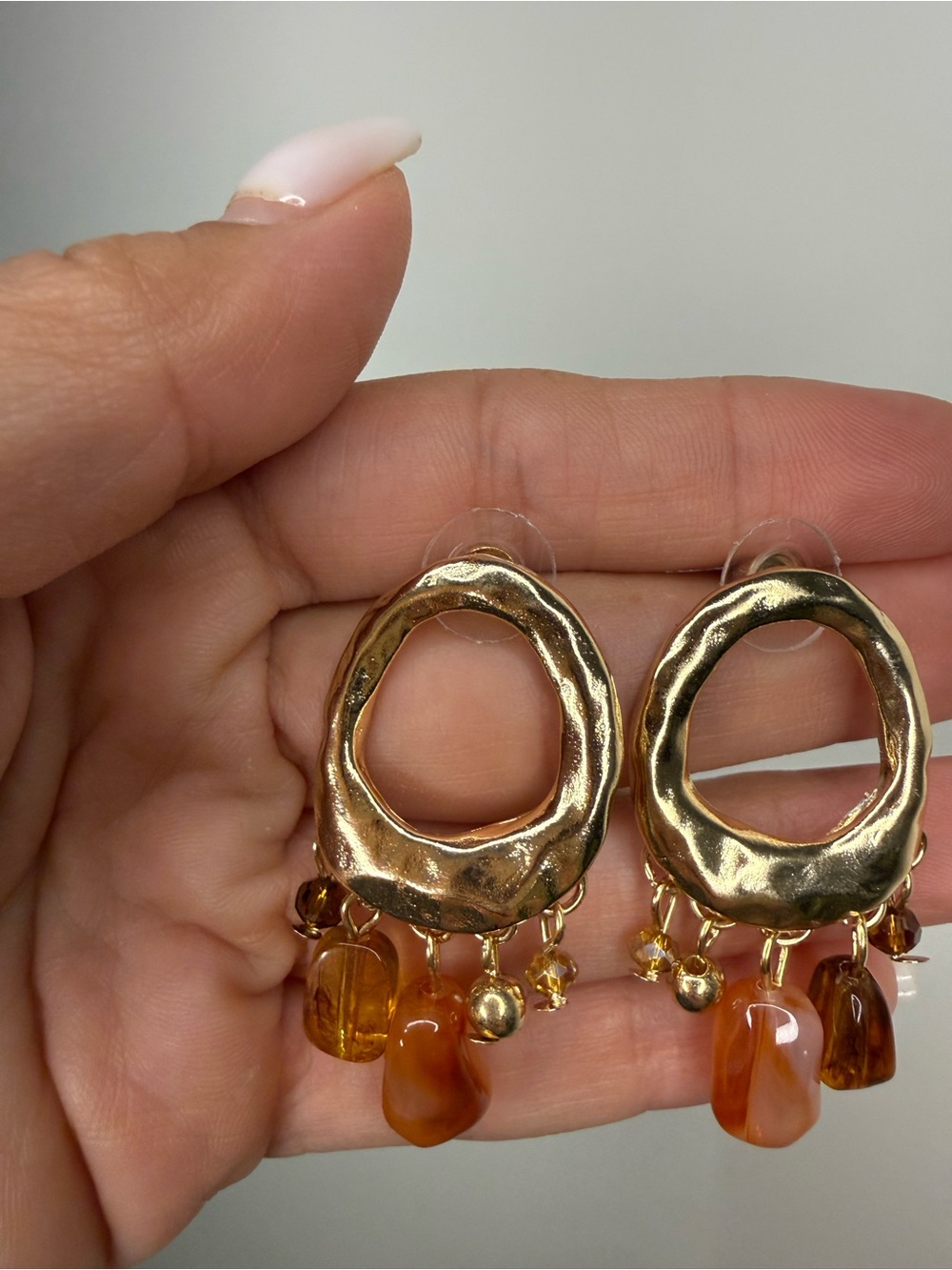 Anthropologie Gold Hoop Earrings with Orange Bead Drops - Picture 4 of 4